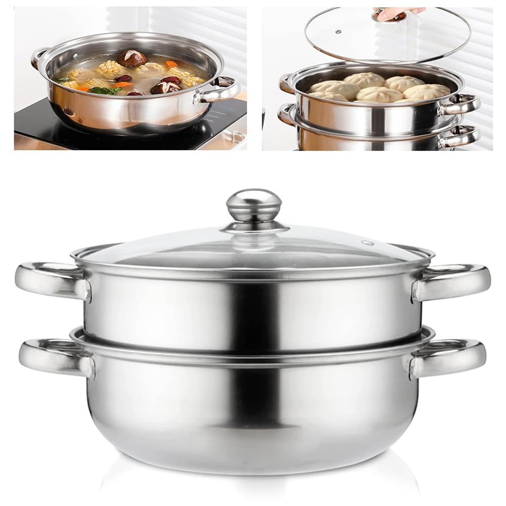 2-Tier Stainless Steel Steamer, 2-Layer Stack and Steam Pot Set with Glass Lid, Double Boiler Steaming Cookware, Stainless Steel Pot for Kitcken Cooking