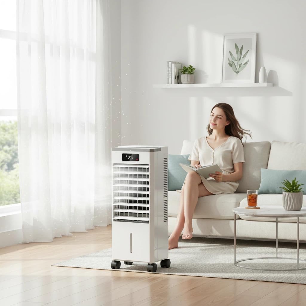 Evaporative Air Cooler, 3-in-1 Portable Air Fan, 3 Wind Speeds, LED Display, 7L Water Tank & Ice Packs, Windowless Bladeless Swamp Cooler for Room Office