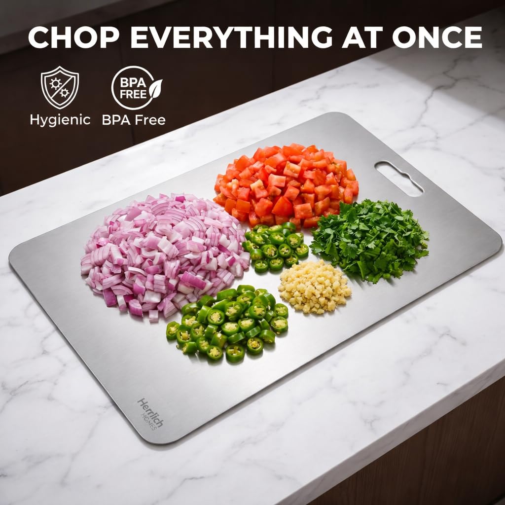 Herrlich Homes Rectangle 304 Stainless Steel Chopping Board | with 2 Steel Straw & Anti-Skid Silicon Pads | Non Slip | Round Edge | for Cutting Vegetables, Meat,Fish,Fruits | X-Large | 50 x 31 cm 2