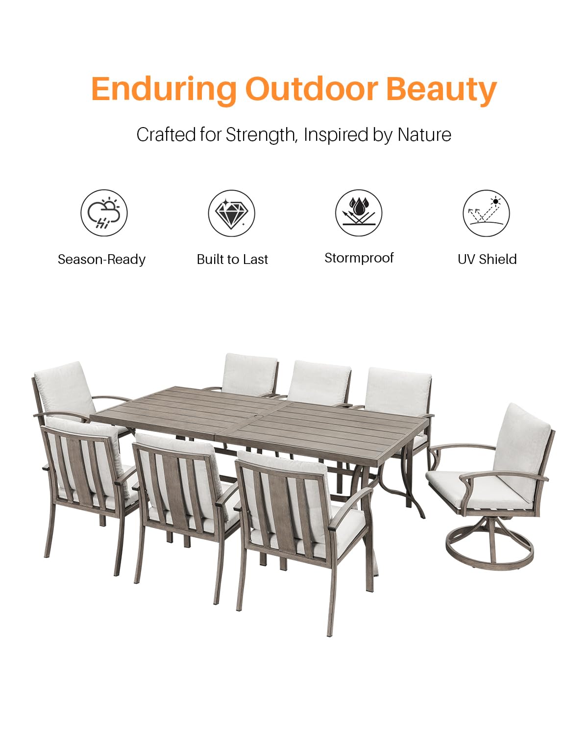 Juego de comedor de patio de 9 piezas, juego de comedor de aluminio al aire libre para 8, juegos de muebles de patio con agujero para paraguas, 6 sillas de comedor, 2 sillas de comedor 6
