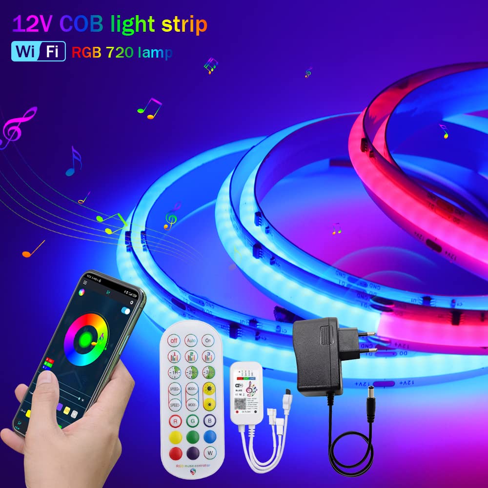 Striscia LED COB indirizzabile RGB WS2811 IC 12V con controllo APP musicale Bluetooth 5050 LED Pixel Rope Light, 720 LEDs/M Striscia LED tagliabile CRI 90+, adatta per feste fai da te[3M|RGB]