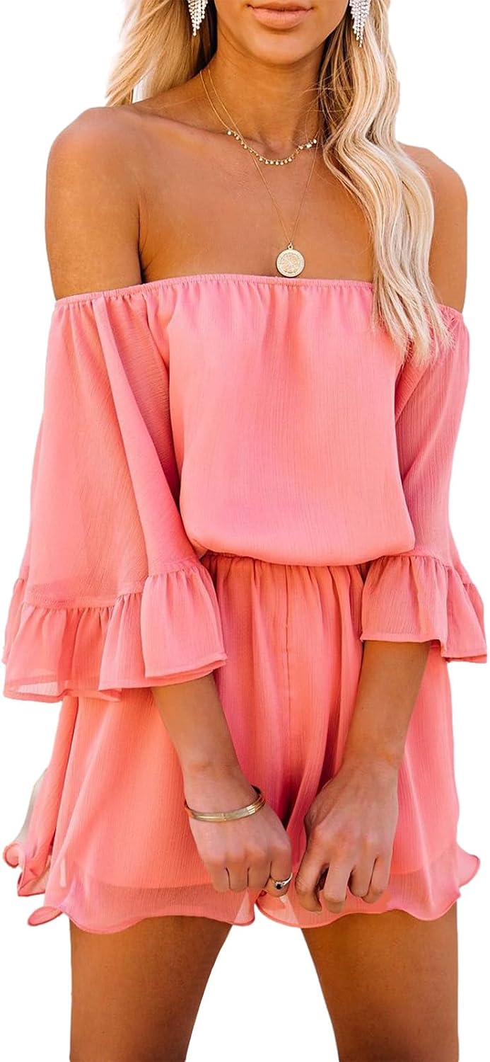 amropi Womens Jumpsuit Off Shoulder Ruffle Sleeve Short Rompers Playsuits