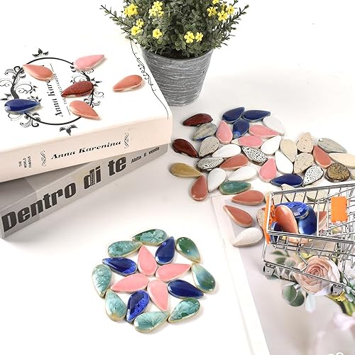Miniatura 5 de Redvigh Mosaico de cerámica de 17.64 oz, color aleatorio grande forma de gotas de lluvia piezas de cerámica para manualidades, platos, macetas,