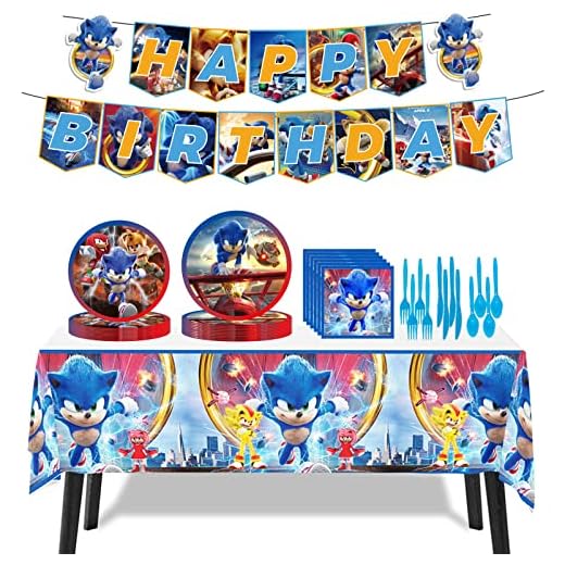 Sonic Birthday Party Supplies, Sonic Party Decorations Include Birthday Banner, Tableware, Napkins, Tablecloth, The Hedgehog Party Favors
