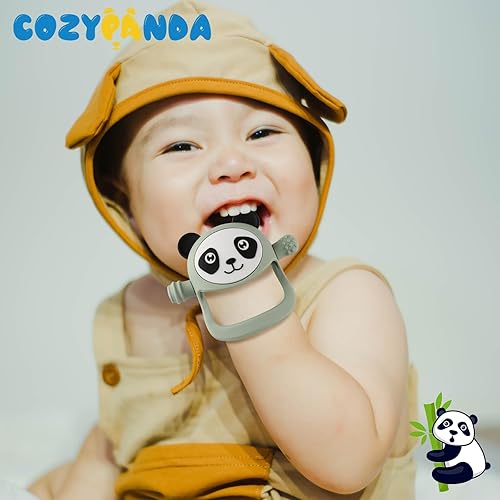 Miniatura 6 de COZYPANDA Juguetes de dentición para 0 a 12 meses, manoplas de mano de silicona con chupete, juguetes masticables para lactancia materna (verde)