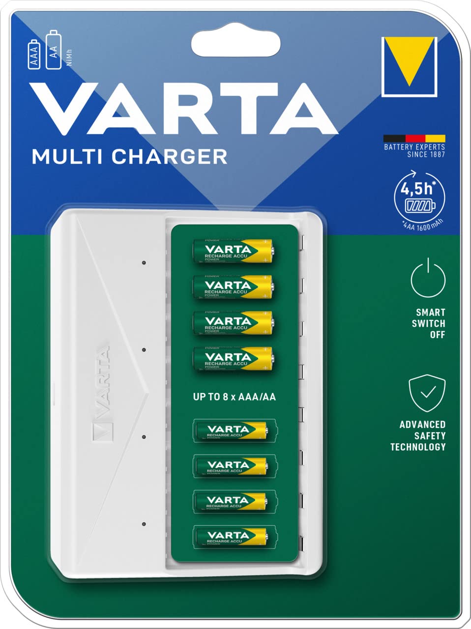 VARTA Multi Charger para 2/4/6/8 Pilas Recargables AA, AAA NiMH, Incl. Cable USB Tipo C
