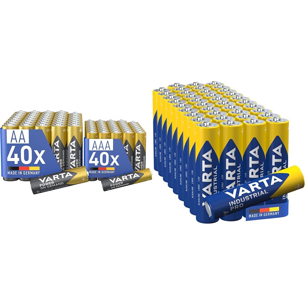 VARTA Batterie 40x AA & 40x AAA, confezione da 80, pile Mix Pack, Power on Demand & Pile AAA, confezione da 40, Industrial Pro, Batterie Alcaline, 1,5V