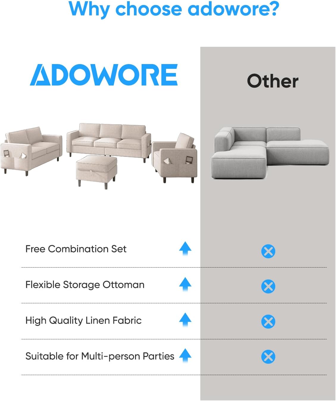 3 Pieces Sofa Sets Furniture for Living Room, Linen Fabric 3 Seater Sofa with Ottoman and Loveseat and Armchair Sets, Modern L Shaped Couch + Love Seat + Accent Chair Sets,Beige