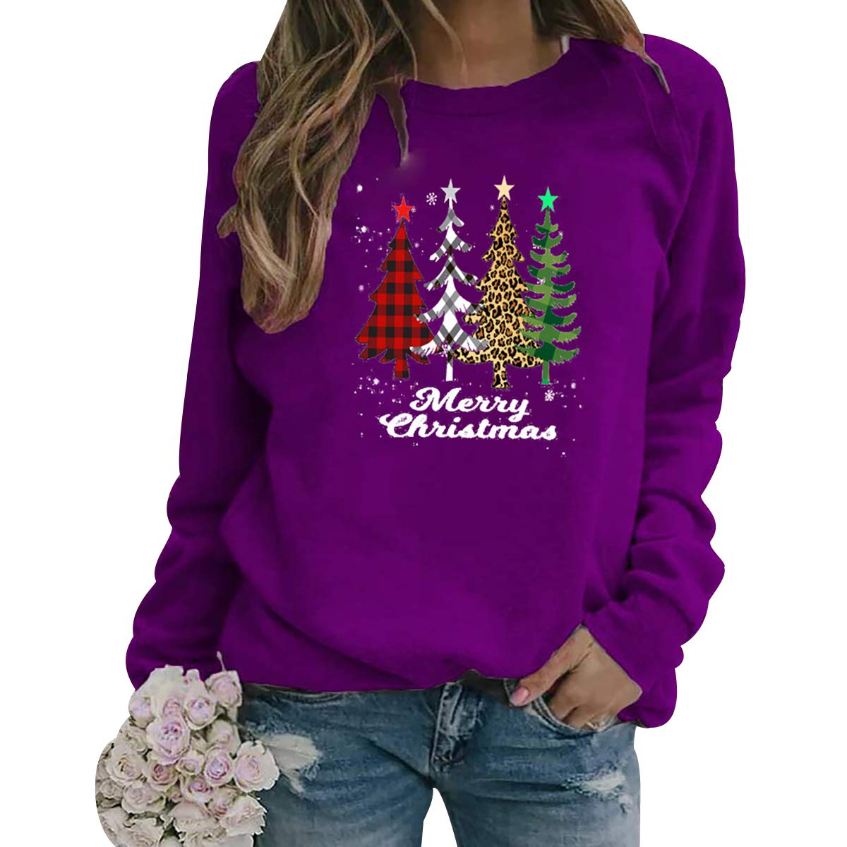 Peuignao Women's Purple Christmas Tree Jumper Xmas Jumpers For Bad Xmas Jumper Funny Christmas Jumpers Ugly Christmas Pullover Christmas Jumper Christmas Sweatshirt Xmas Sweatshirts M