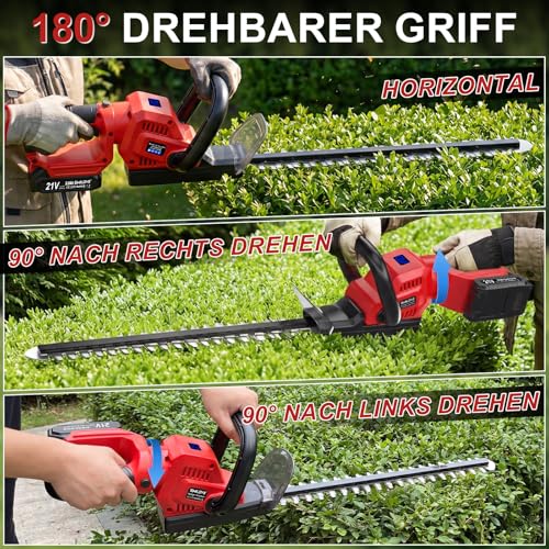 SMILOVII 21V Akku Heckenschere 50 cm Dual-Action Klinge, 2×2000 mAh Akku & Ladegerät, 850 W Elektro Heckenschneider, 180° drehbarer Griff, ergonomisch & sicherer Start für Garten, Sträucher und Hecken