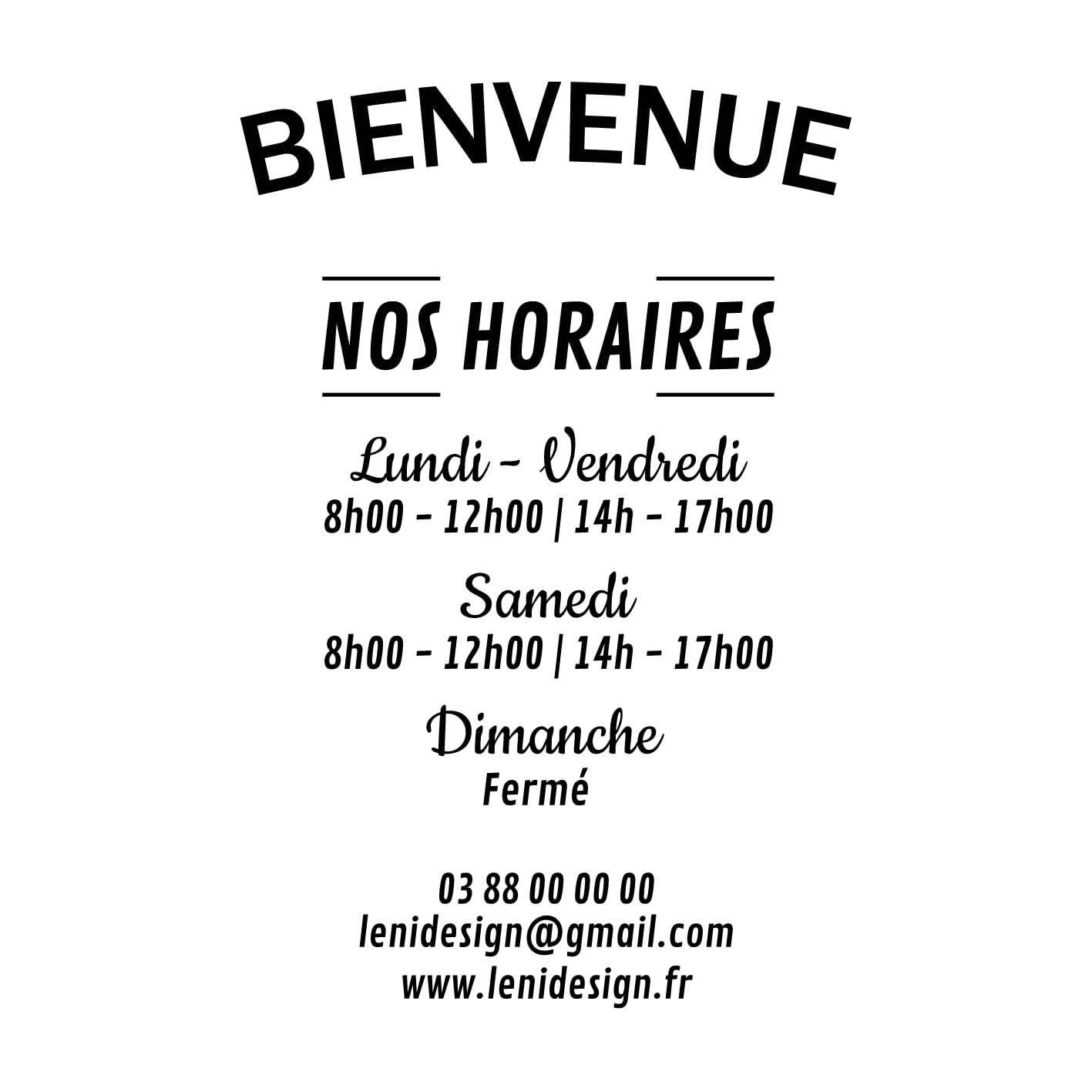 Sticker Horaires Ouverture Magasin Personnalisé – Autocollant Vitrine Commerce 28x42 cm – Adhésif Horaires Boutique/Restaurant/Salon – Vinyle Intérieur Extérieur – Blanc Noir Or Argent