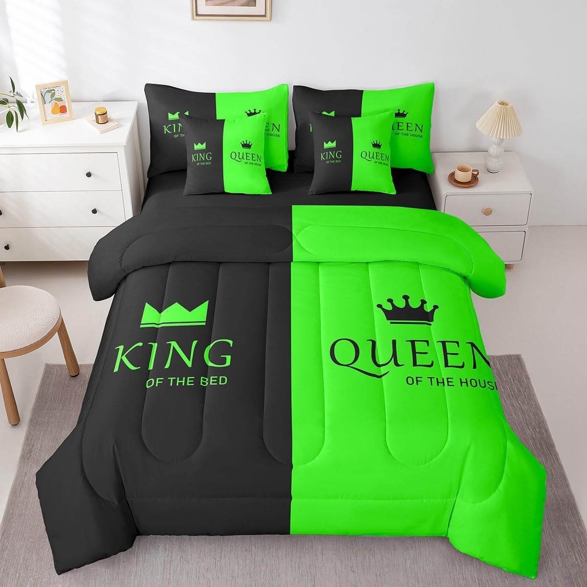 Feelyou Queen and King Queen Size 7 Piece Bedding Set, Crown Couple Lover Bed SetLovers Green and Black Bed in a Bag Mr and Mrs Bed Set Includes Comforter, Sheet Set, Pillowcases & Pillow Covers