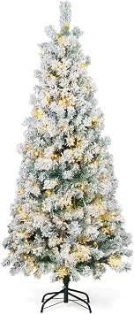 CAPHAUS 4.5 Feet Pre-lit Artificial Snow Flocked Christmas Pencil Tree w/ 398 Pre-Hinged Branch Tips & Foldable Stand, Fake Slim Christmas Tree for Indoor, Pencil Christmas Tree w/ 150 LED Lights