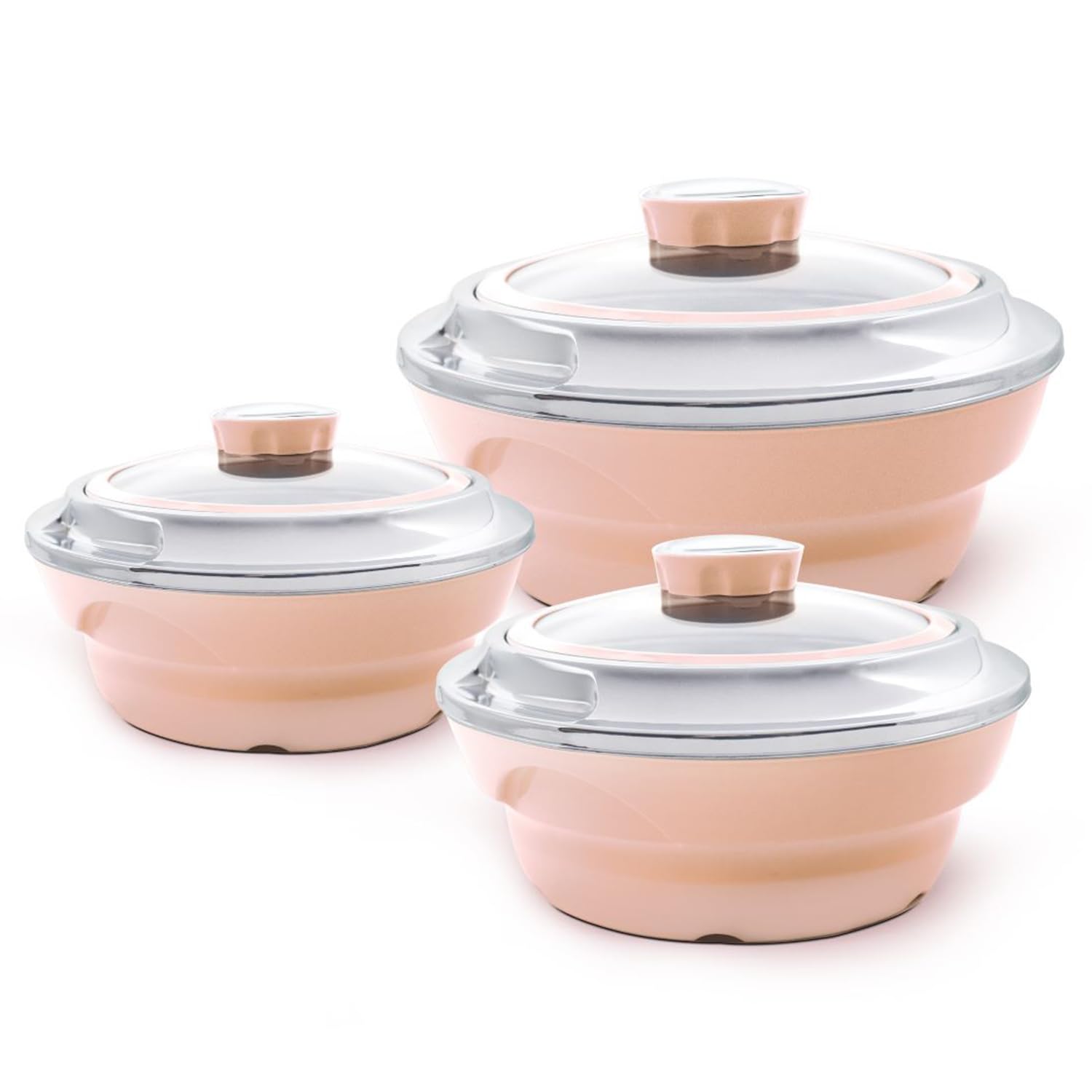 Homsmyth Insulated Casserole Dishes Set of 3 with Glass Lids (1000ml, 1500ml & 2000ml) – Stainless Steel Inner Thermal Food Containers – Hot Pot Serving Dishes for Keeping Food Warm (Beige)