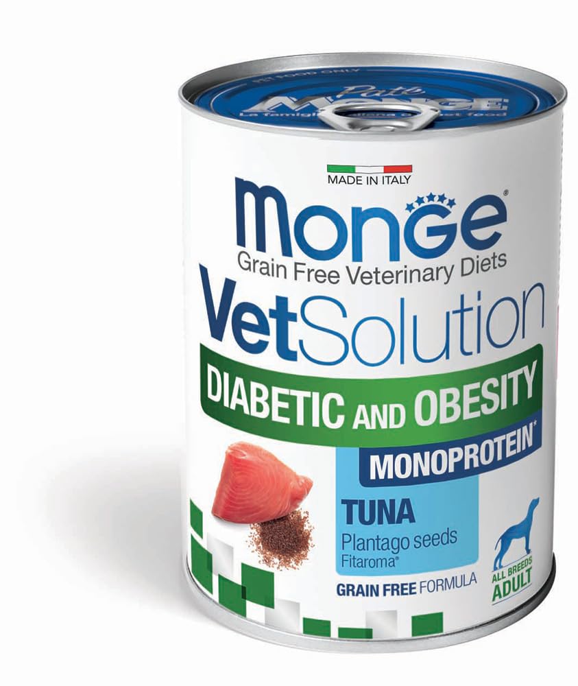 MONGE Cane VetSolution Canine Diabetic And Obesity Monoprotein | alimento dietetico completo per cani, per la riduzione del peso e per il Diabete mellito, Made in Italy, 12 lattine da 400 grammi.