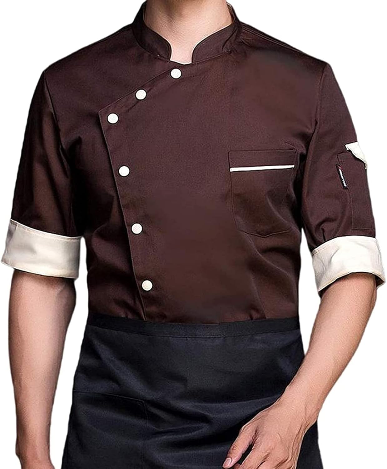 Chef Coat, Chef Uniform Restaurant Kitchen Cooking Chef Coat Waiter Work Jackets Short Sleeve Professional Uniform Overalls Outfit(Brown_B(L))
