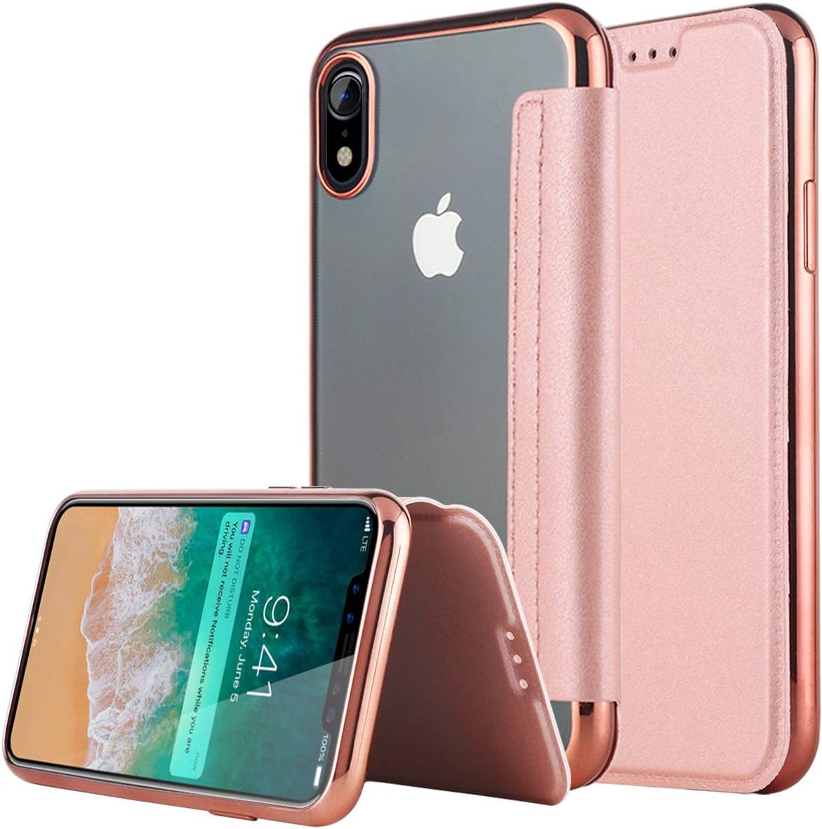 Casetego Compatible iPhone XR Case,Slim PU Leather Folio Flip Wallet Case Card Slot & Clear Soft TPU Back Cover for Apple iPhone XR 6.1",Rose Gold
