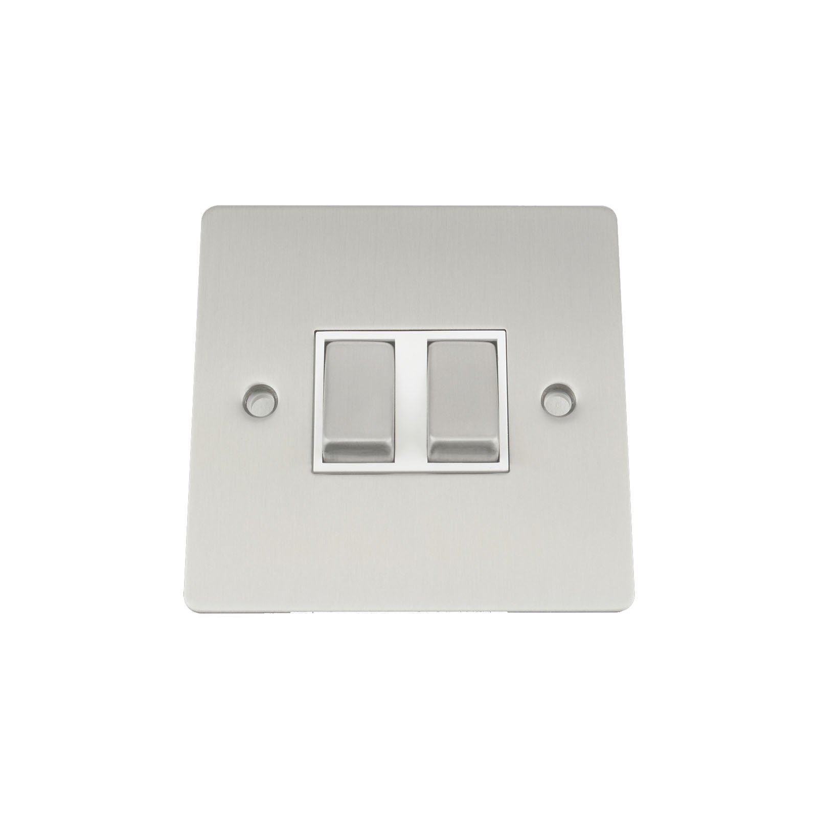 Light Switch 2 Gang - Satin Matt Chrome Flat - White - Metal Rocker - 10 Amp Double Switch 2 Way