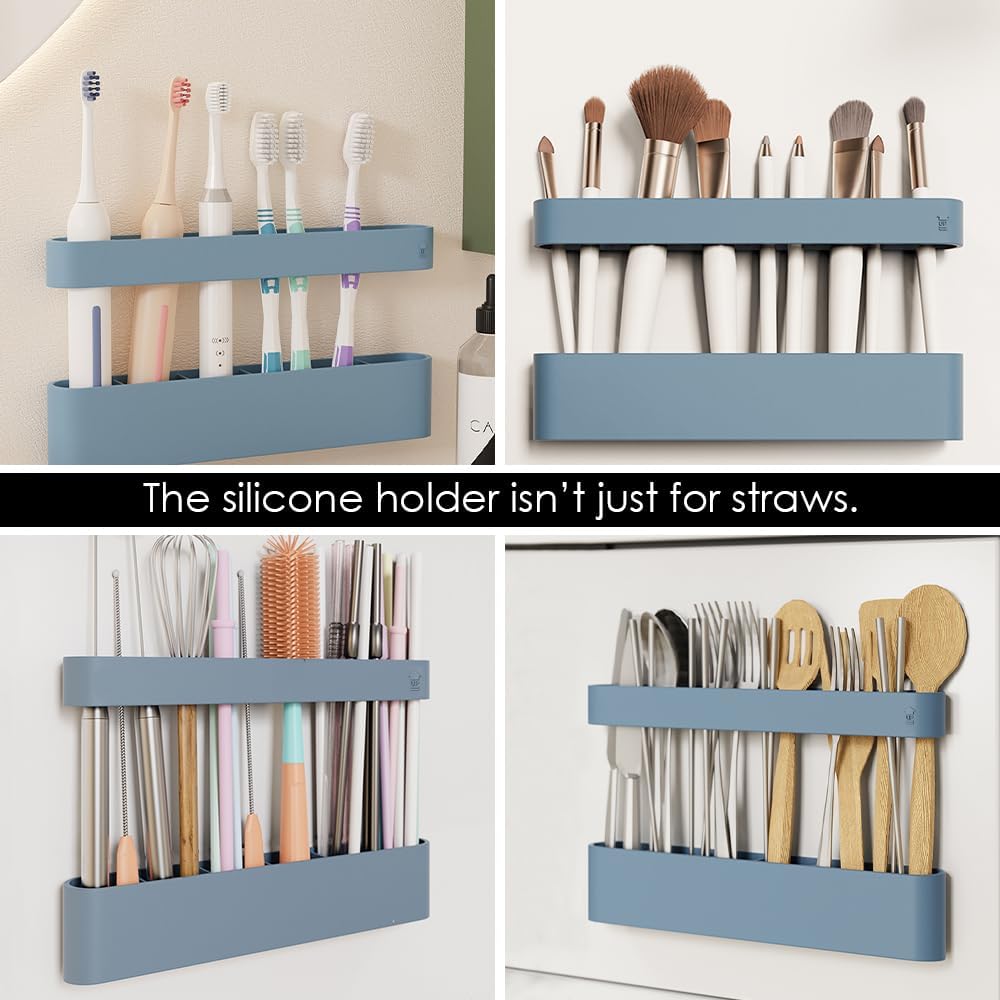 Baskiss Magnetic Straw Holder Dispenser, Silicone 6-Slot Organizer with Adhesive Tapes for Fridge, Bar, Counter and Cabinet Door – Fits Various Straws, Reusable & Washable (Deep Blue) - Image 8