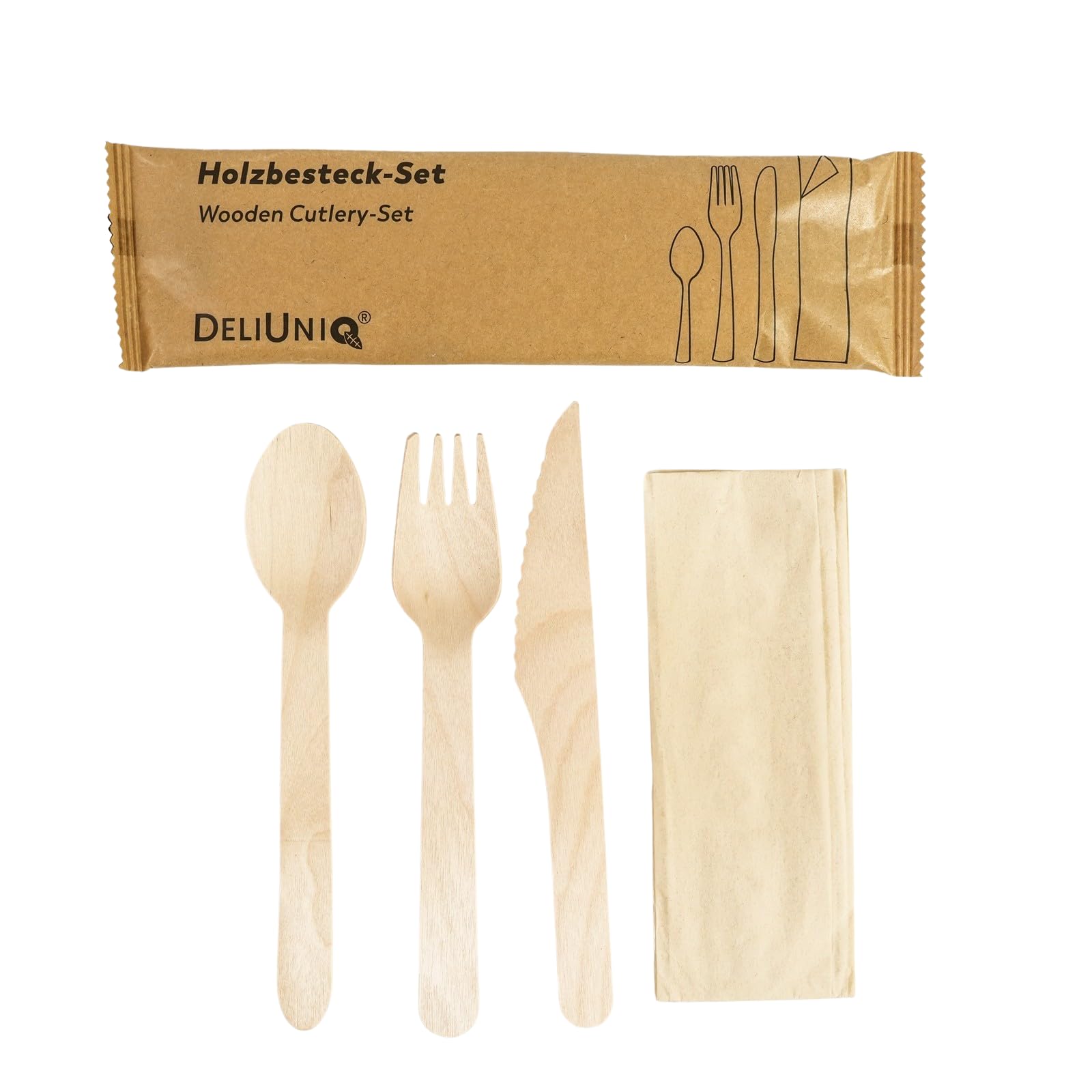 100 Holz-Besteckset – Gabel, Messer, Löffel & Serviette – umweltfreundliches nachhaltiges Besteck aus Birkenholz, Biologisch abbaubar, lebensmittelecht