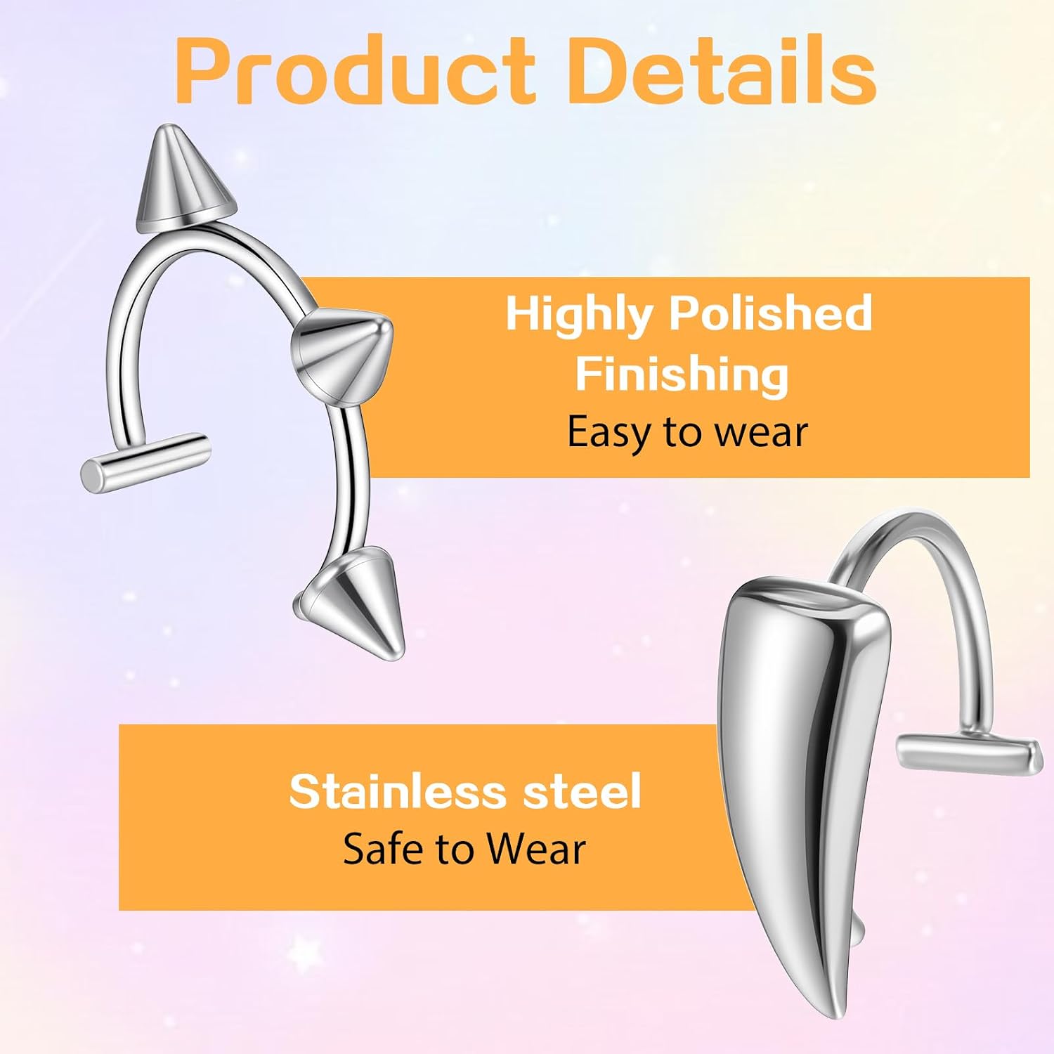 12 Pcs Stainless Steel Fake Lip Ring - Clip on Septum Ring, Silver Black Fake Lip Piercing, Vampire Teeth Rings Adjustable for Non-Piercing Lips Cuff Ear Cuff Earrings Lips Cuffs
