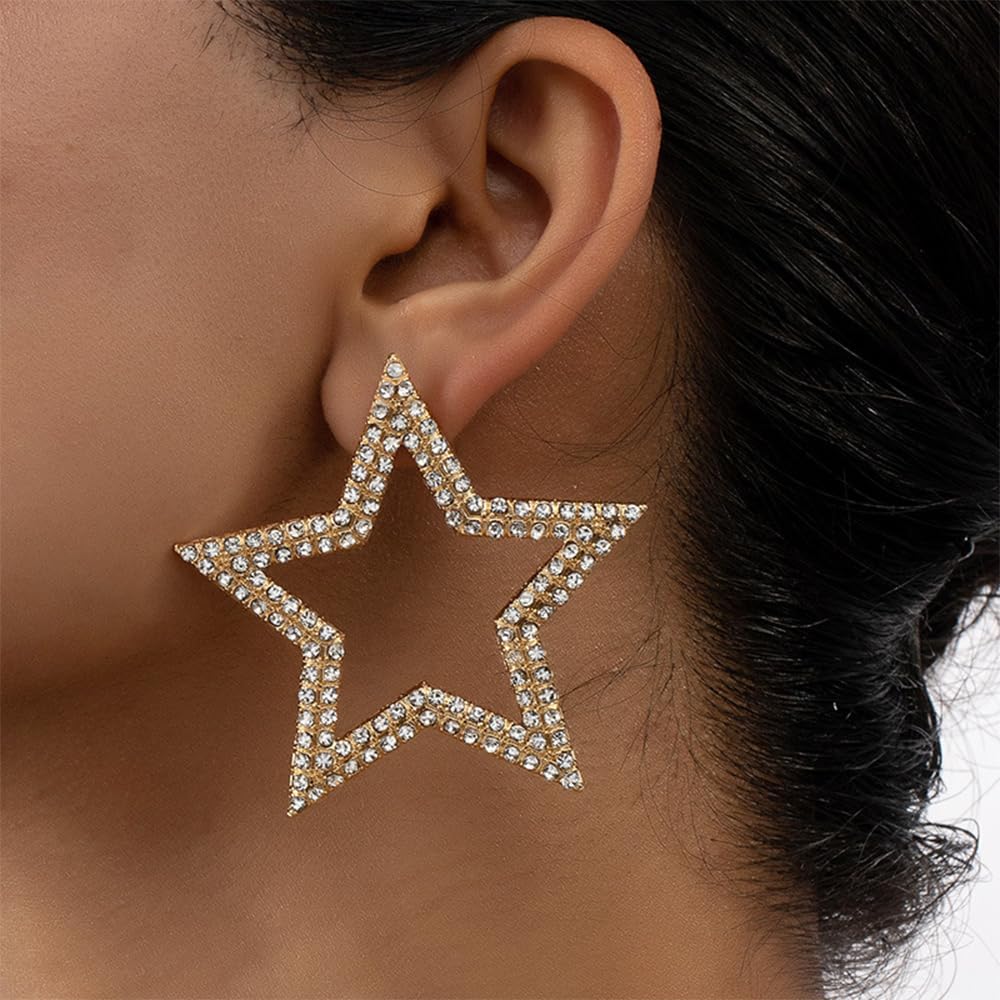 YERTTER Sparkle Gold Rhinestone Star Earrings Big Statement Dangle Earrings Vintage Star Earrings for Women - Image 2