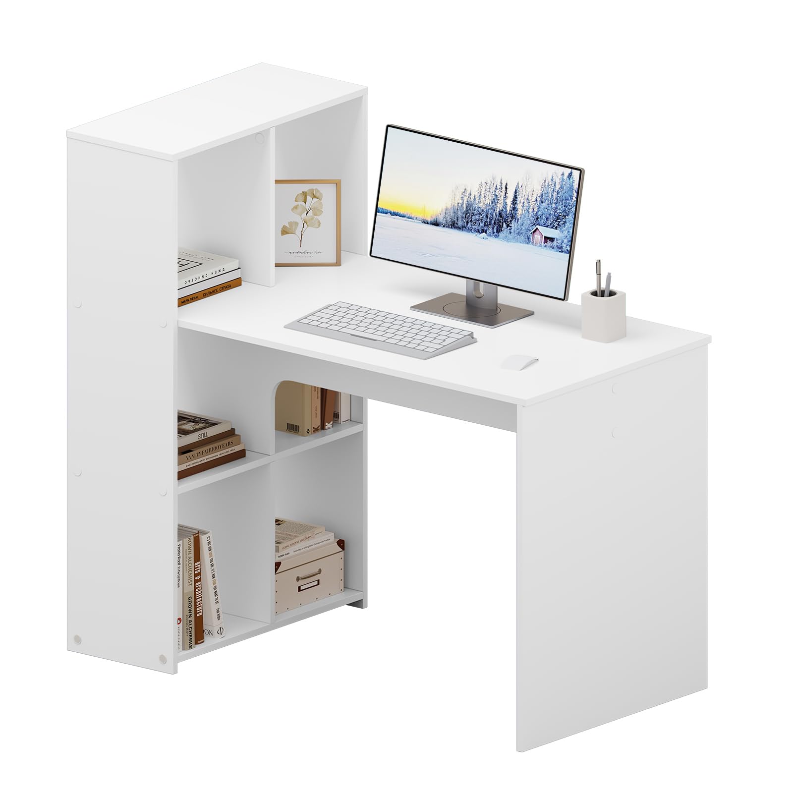 Computer Desk with Storage Shelf, White, 120x60x111 cm, Office Study Desk for Home, Bedroom & Workspace, PC Laptop Workstation
