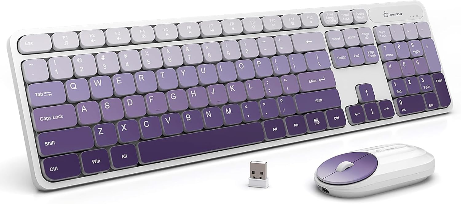 Wireless Keyboard and Mouse Combo - 2.4G Wireless, Rechargeable, Low-Noise, Cute Colorful, Full-Sized, 3 DPI Adjustable Mouse, for Computer, Laptop, PC, Desktop (Gradient Purple)
