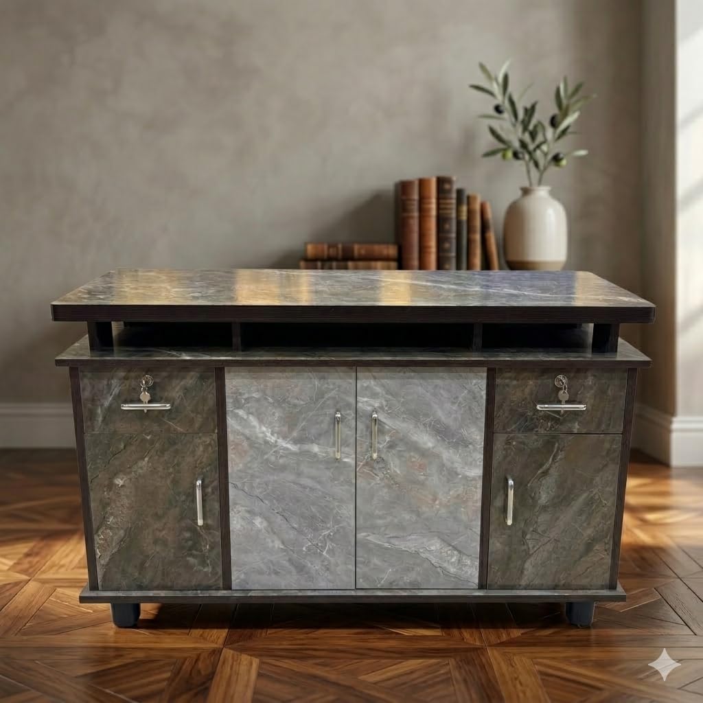 Double Top TV Base Cabinet with Huge Storage | Stone Finish TV Unit | Modern Engineered Wood Entertainment Center | Stand with Cabinets & Shelves for Living Room-image-17