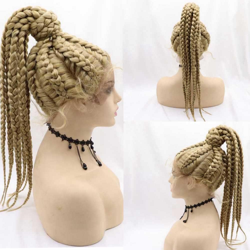 Xiweiya Wigs 22"Plait Wig 100% Hand Made Wigs Synthetic Blonde Braid Lace Front High Ponytails Lace Braids Wig With Baby Hair Lightweight