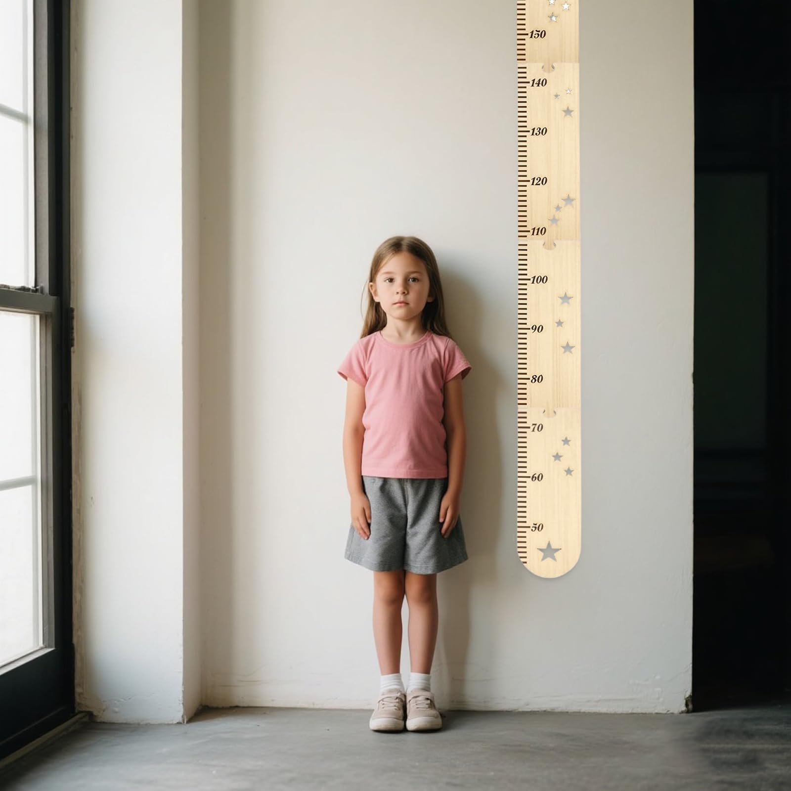 Metro da Parete in Legno per Bambini 50-180cm con Incisioni Delicati, Fissaggio Facile, Sacchetto di Stoccaggio in Tela (27x42 cm)