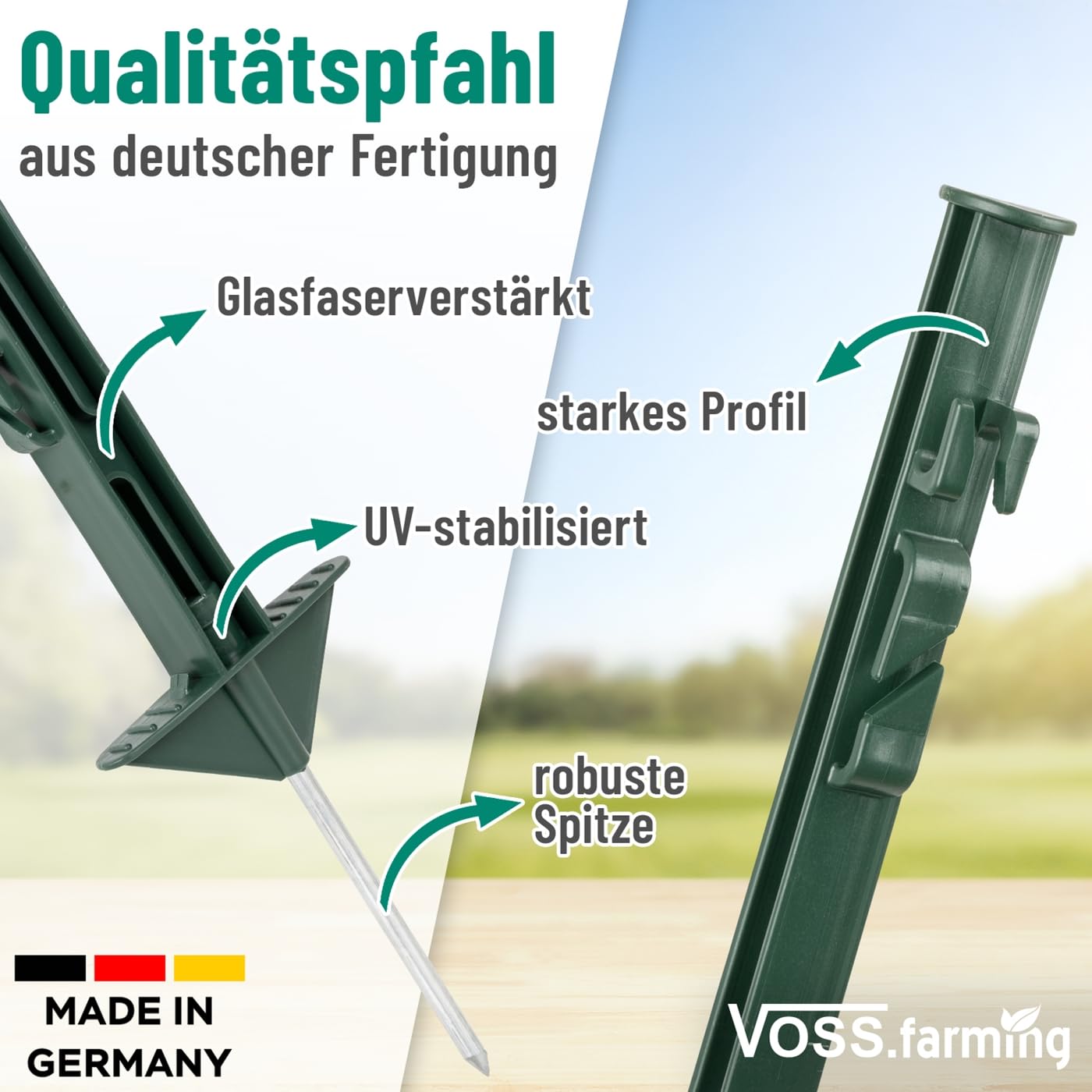 VOSS.farming 20x Kunststoffpfähle 125cm 12 Ösen grün Weidezaunpfahl glasfaserverstärkt Doppeltritt