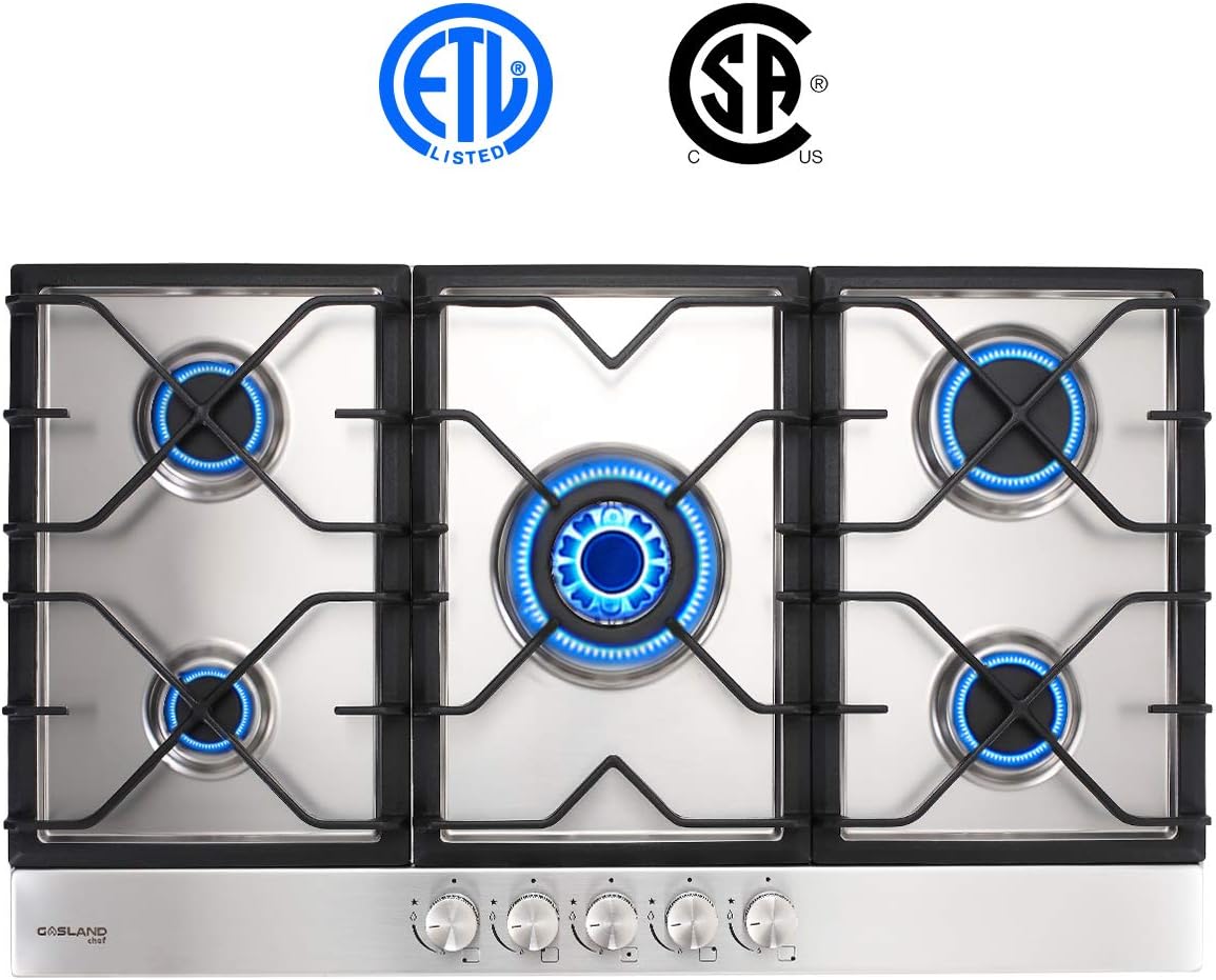 Built-in Gas Cooktop, GASLAND Chef GH90SF 5 Burner Gas Hob, 34 Inch NG/LPG Convertible Natural Gas Propane Cooktops, High Power Gas Stovetop with Thermocouple Protection, Stainless Steel