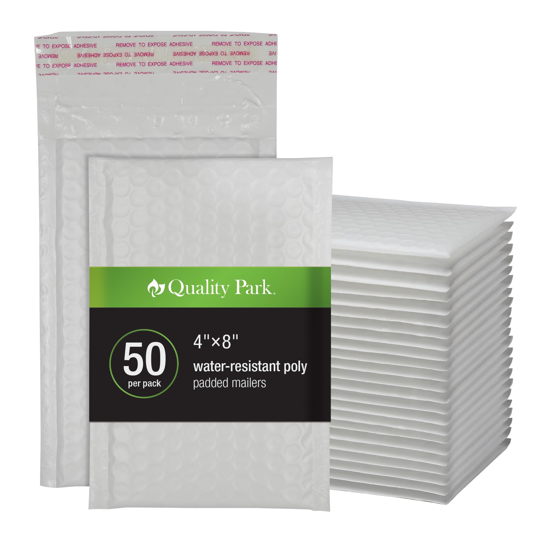Quality Park Bubble Mailers, 4 x 8 Shipping Envelopes, Self-Seal, Durable White Padded Envelopes, Redi-Strip Peel Off Closure, 50 Per Box (QUA85929)