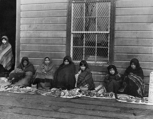 Alaska Tlingit Women 1905 Ntlingit Women And Girls Displaying Handcrafted Items (Including Slippers Bags Baskets And A Miniature Totem Pole At Right) On The Boardwalk In Front Of A Trading Post At Sit