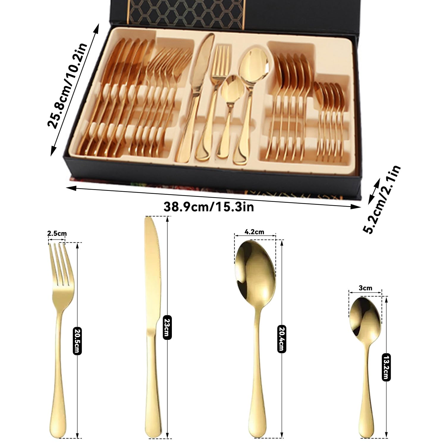 24 Teiliges Besteck Set, 38.9×25.8×5.2cm Besteck Geschenkset aus Edelstahl, Steakmesser Gabel Löffel Set mit Geschenkbox für Zuhause, Küche, Restaurant, Hochzeit(Gold)