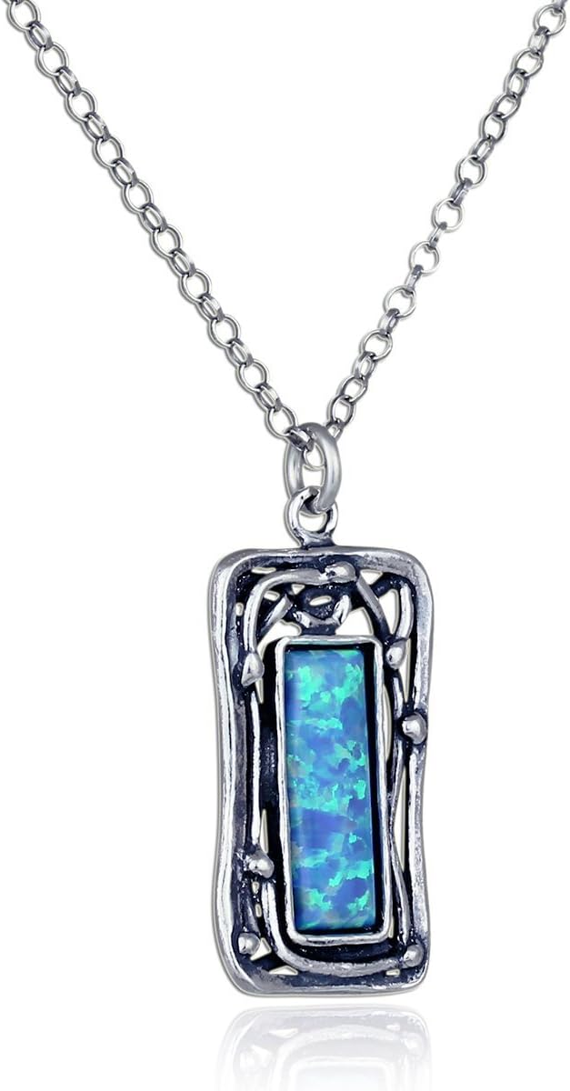 Stera Jewelry Retro Vintage Style Choice of Gemstone Rectangle Pendant 925 Sterling Silver Necklace