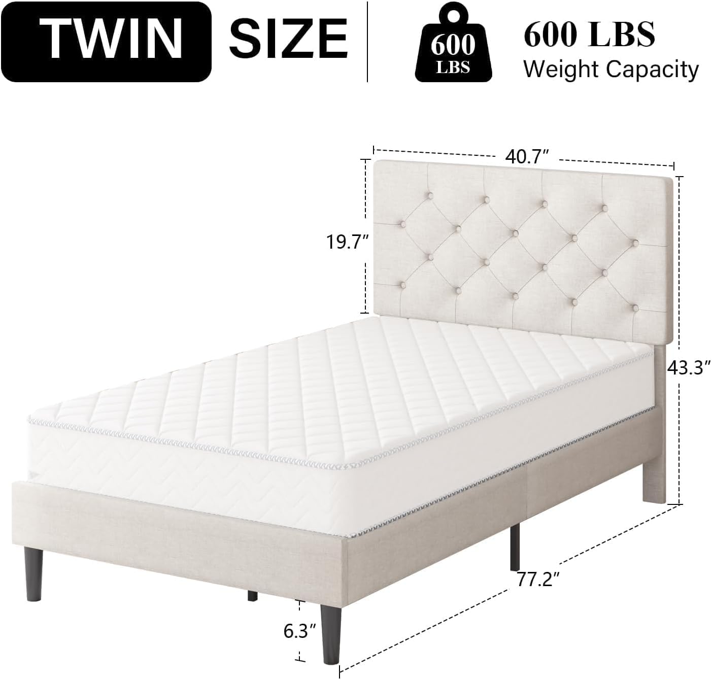 HOMBCK Twin Bed Frames for Kids, Upholstered Platform Bed Frame Twin Size with Tufted Headboard/Wood Slats/No Box Spring Needed/Easy Assemble, White
