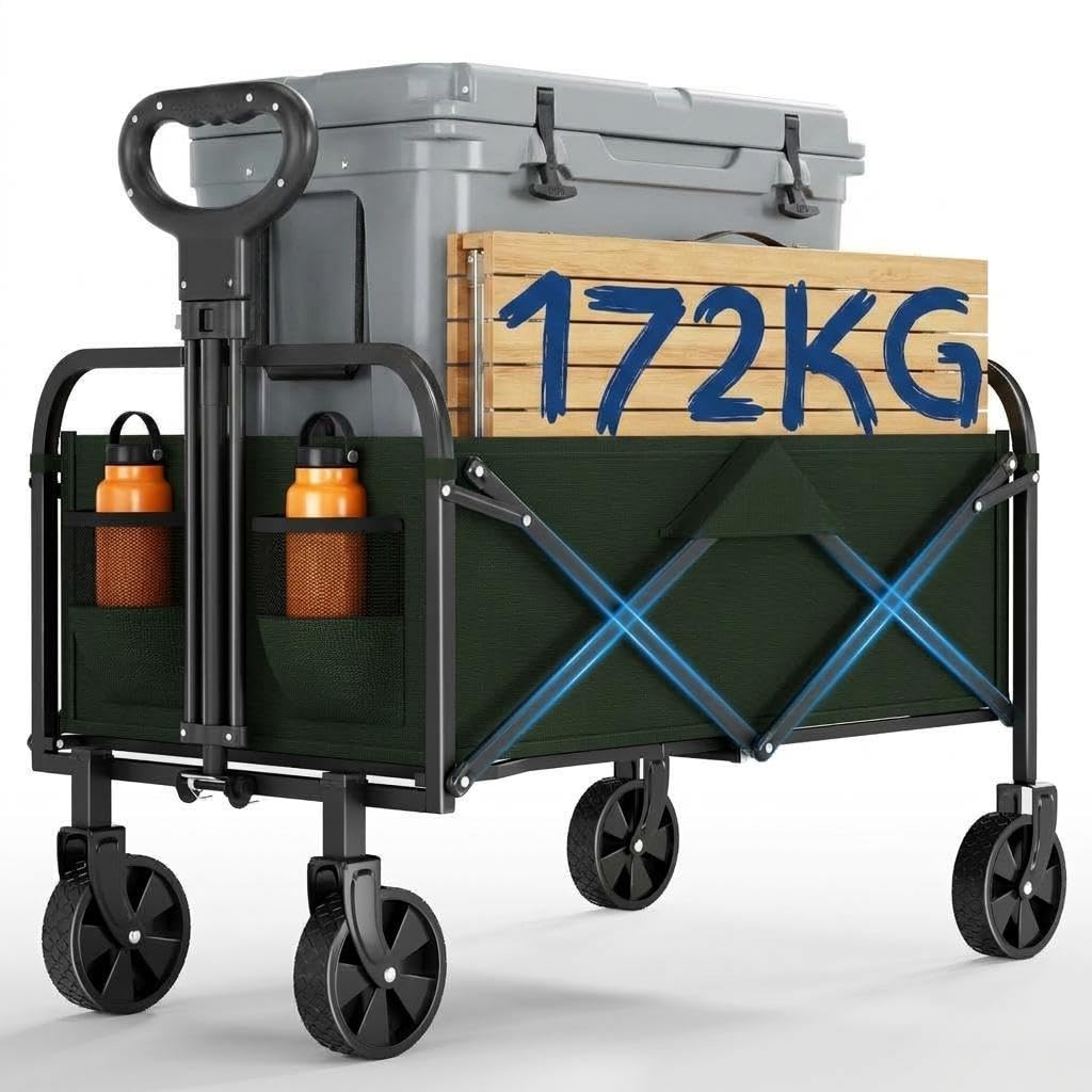 Garvee Green 220L Festival Trolley On Wheels - Folding Wagon Cart, 172 Kg Capacity Collapsible Foldable Trolley With Adjustable Handle, Portable Camping Cart With All-Terrain Wheels For Shopping, Camping