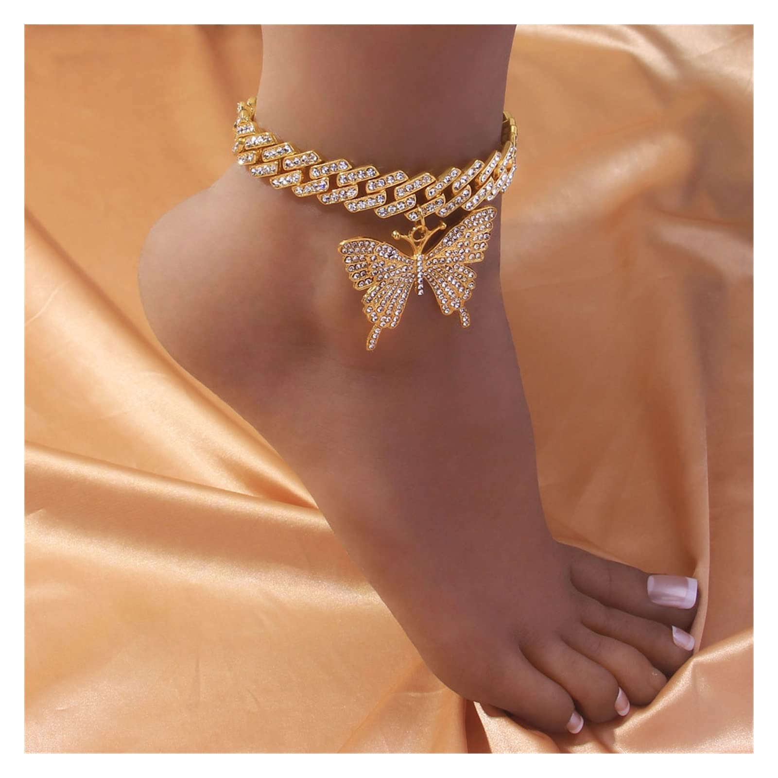 Fußkettchen für Frauen, Kette Punk Kristall Sandalen Big Butterfly Fußkettchen für Frauen Großhandel Männer Rapper Gliederkette Armbänder Fußkettchen Chunky