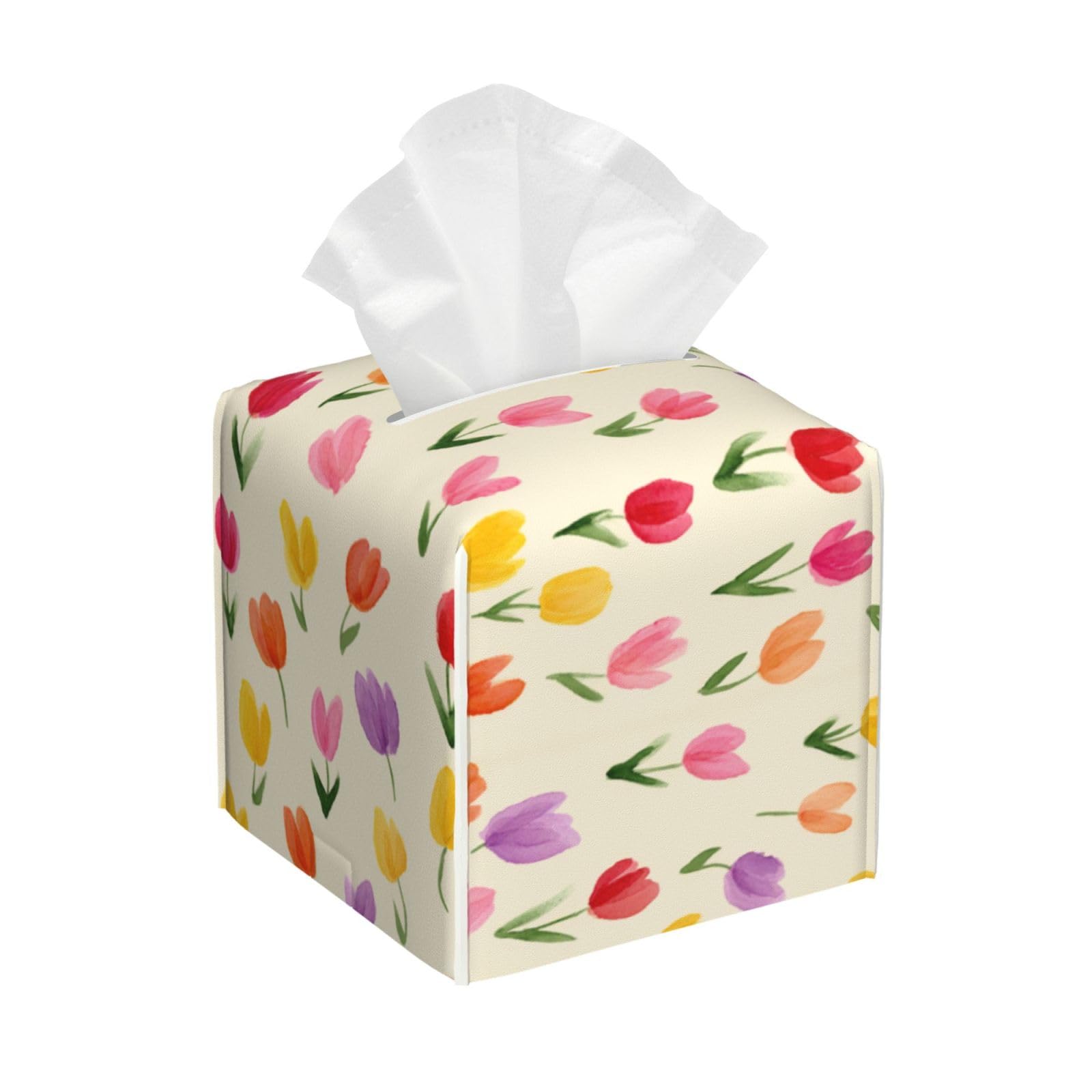 Small Colorful Tulips Watercolor Tissue Box Cover Square Pu Leather Waterproof Tissue Box Holder for Car Bathroom Bedroom Office Tabletop Decor