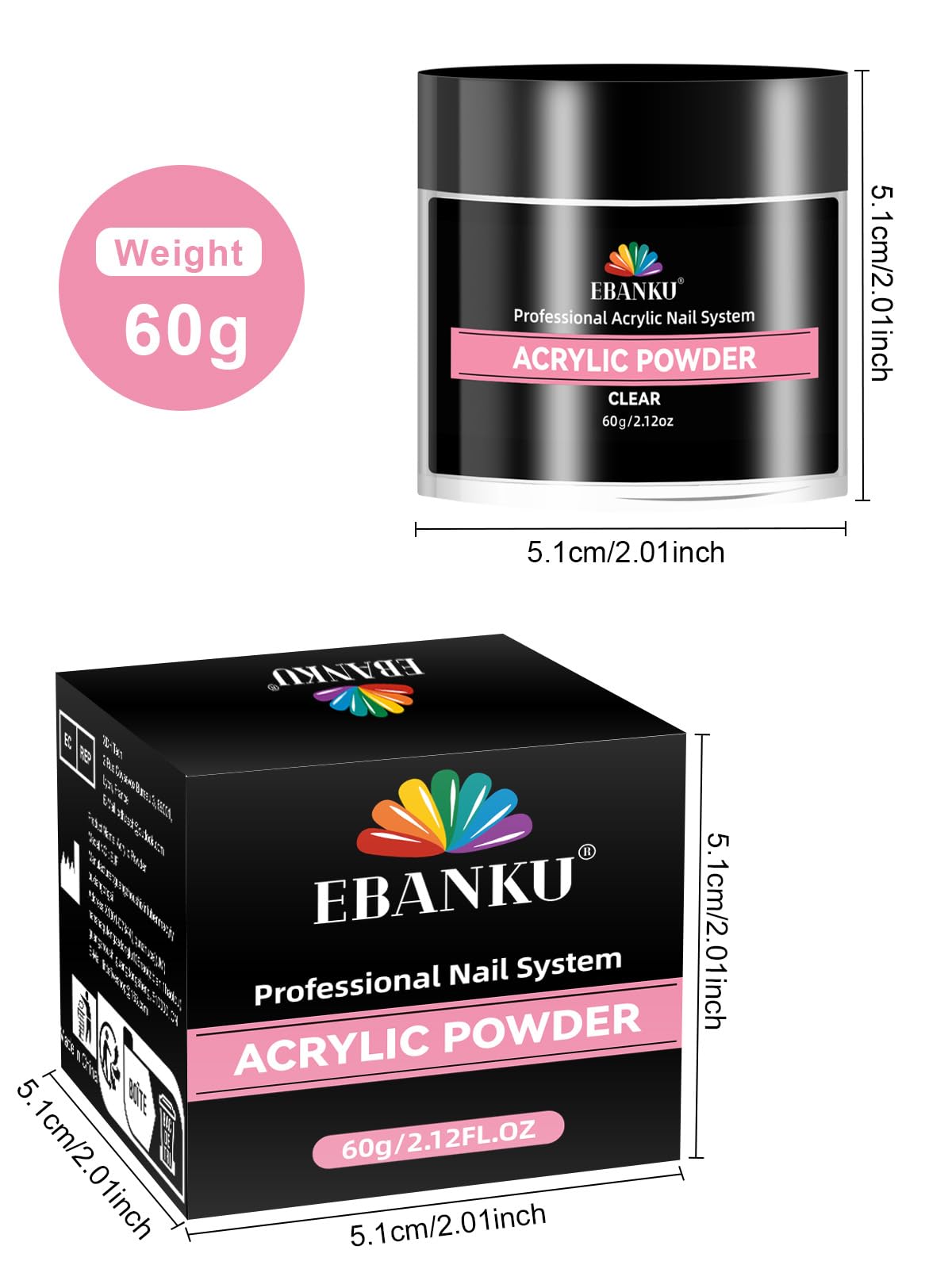 EBANKU Przezroczysty puder akrylowy, 60 ml, proszek akrylowy o dużej pojemności, profesjonalny akrylowy puder do przedłużania paznokci, rzeźbienie paznokci, trwały, nie wymaga lampy do paznokci (60 g)