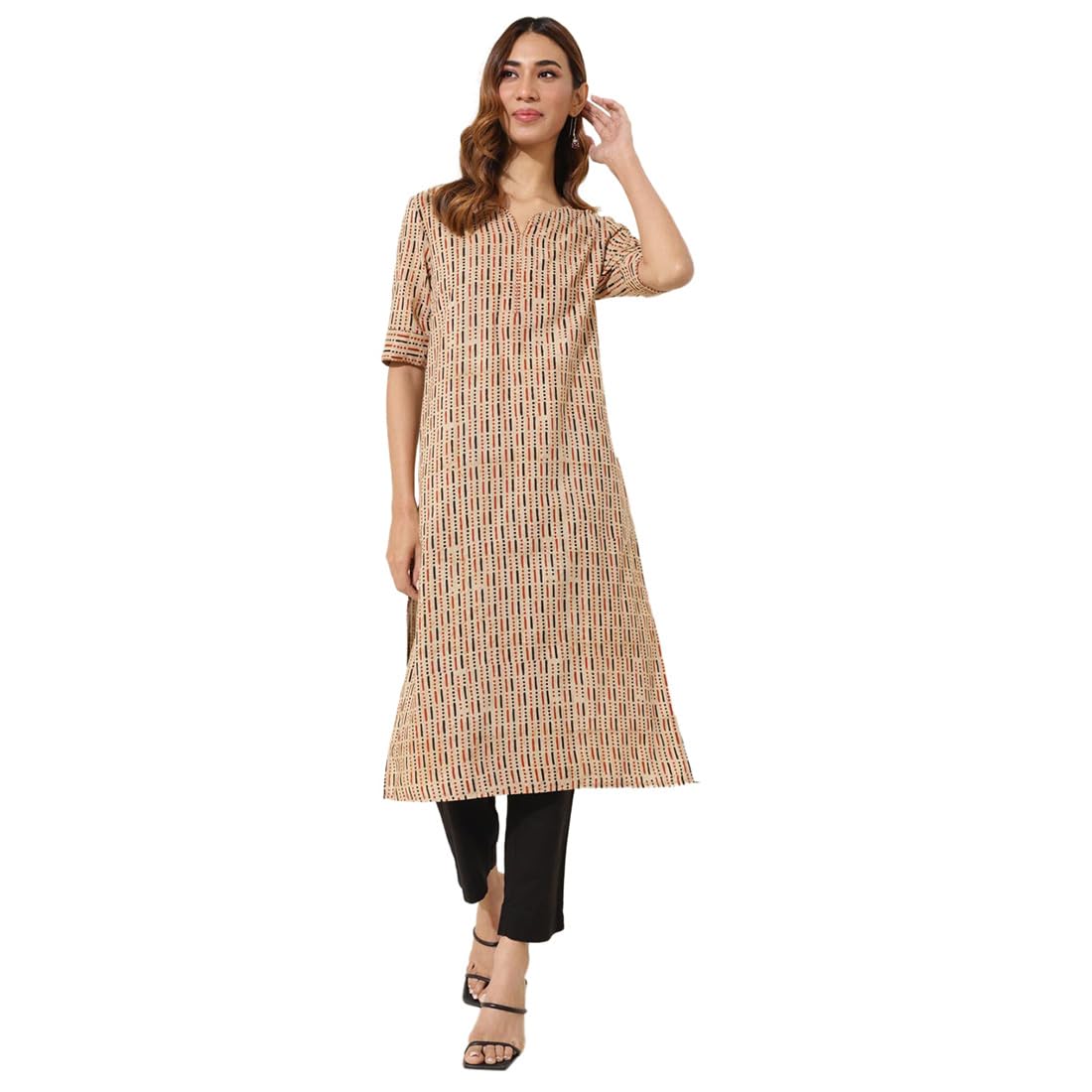 Fabindia Women's Cotton Printed Regular Kurta (1037284Beige_Beige