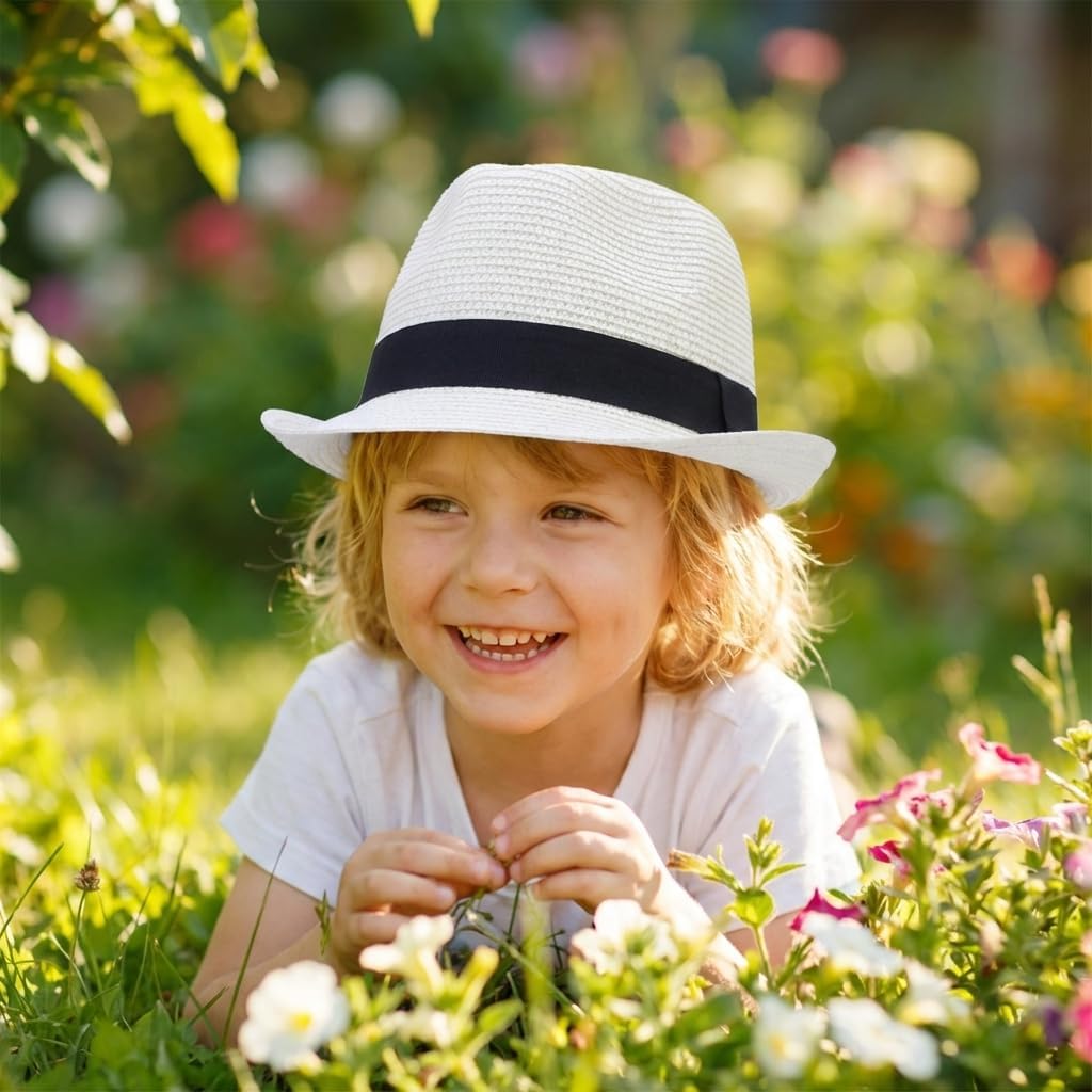 Unisex Kids Boys Girls Straw Hat Fedora Cap Jazz Hat Short Brim Sun Hat