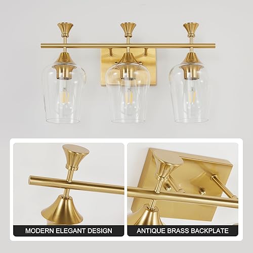 Miniatura 6 de Lámparas de baño de 3 luces mejoradas 2025, luces de tocador de oro cepillado para baño con vidrio transparente, accesorios de iluminación de baño