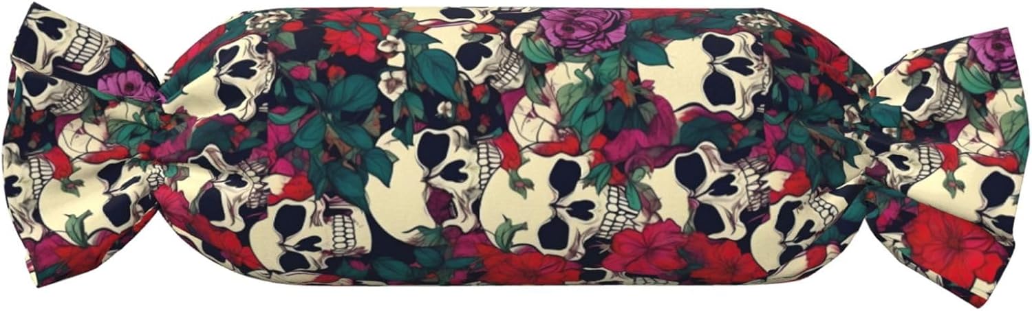 Floral Skulls Print Candy Cylindrical Eco-Friendly Pillow Soft Velvet Living Room Bedroom Travel Decor