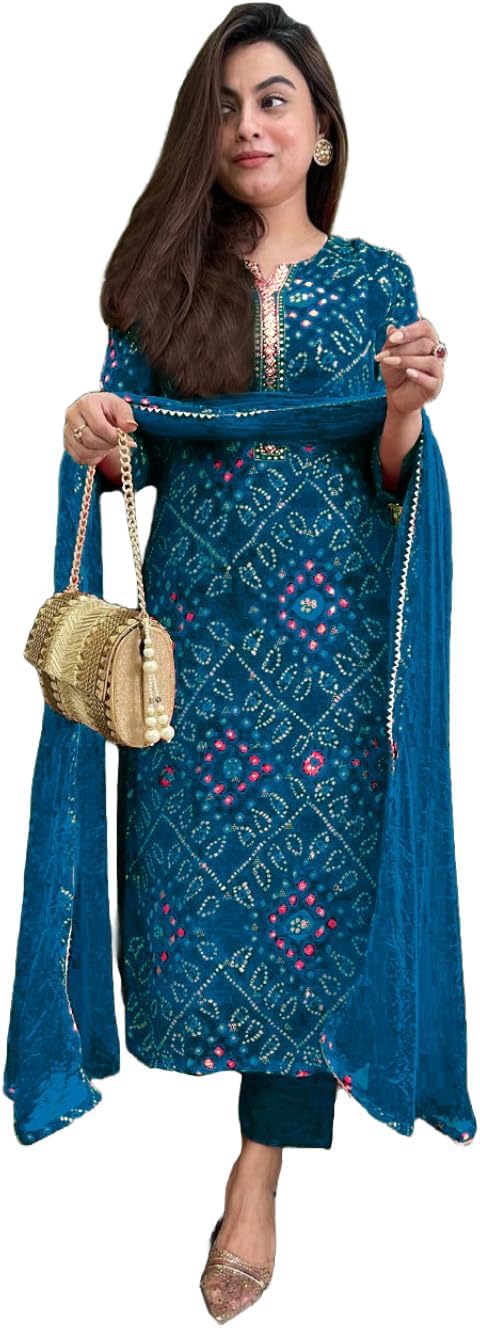 GoSriKiWomen's Kurta Bandhej Straight Printed Rayon Blend with Pants and Dupatta for Women, Dark Blue, Large, dark blue, L