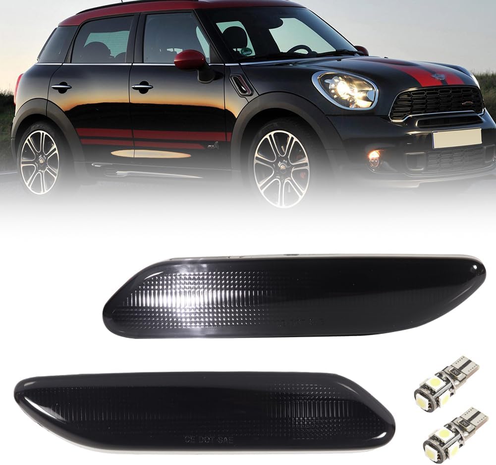 Smoked Lens LED Side Marker Light Housing for 2011-2016 Mini R60 R61, R60 R61 Side Bumper Marker Lights Covers with T10 Led Light Bulbs, LED Turn Signal Lamps Covers, 2 PCS