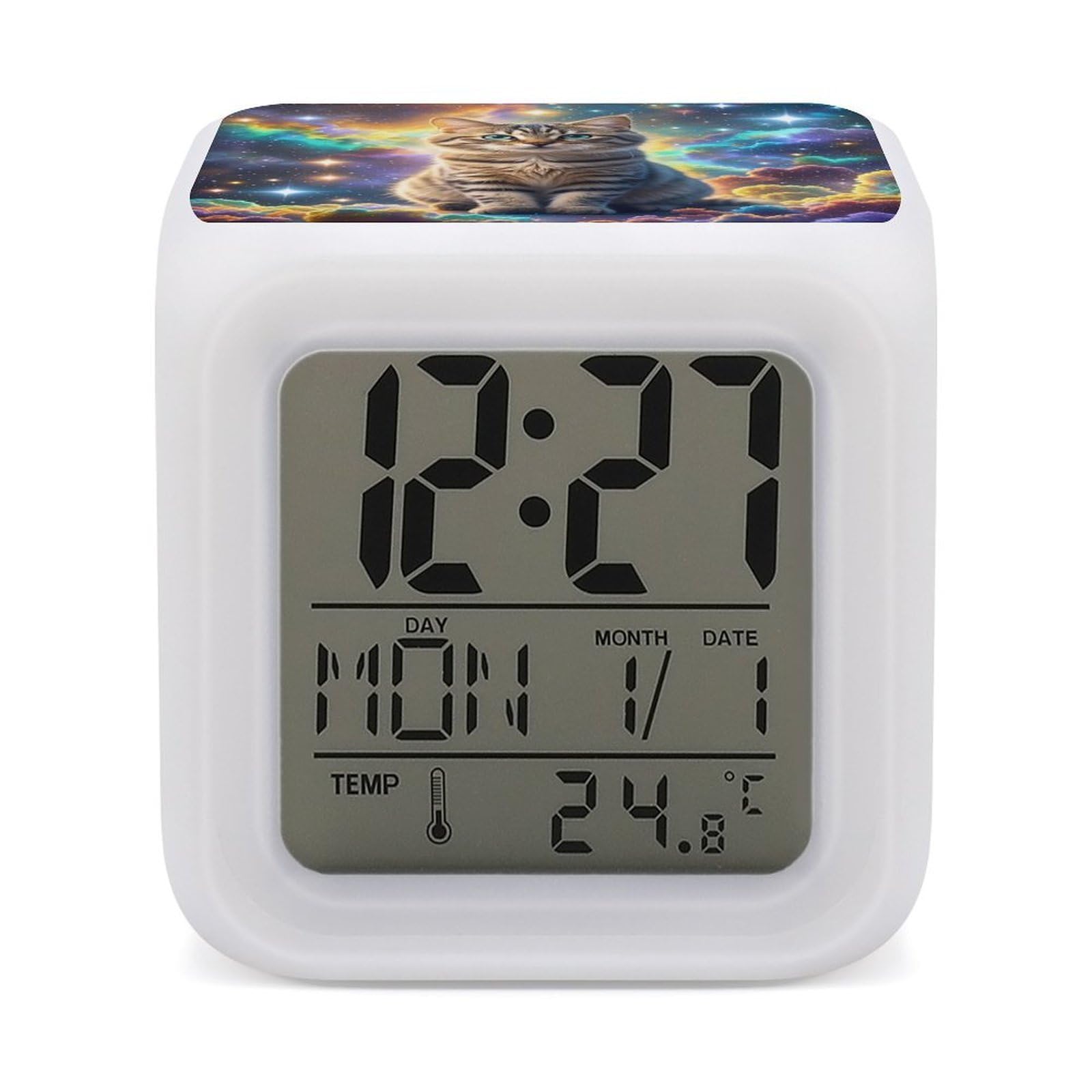 LZQPOEAS Cat Sitting Inside Nebula Alarm Clock Desk Clock with 7 Color Changing Night Light Digital Clocks with Temperature Display Sleep Training and Sound Machine for Heavy Sleeper