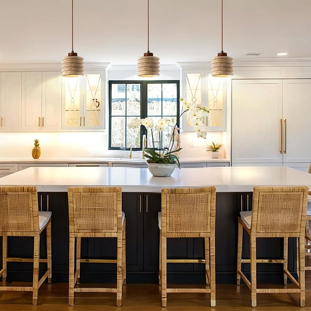 Vintage Stone Pendant Lights Kitchen Island, Cylindrical Ribbed Travertine Hanging Lamps Set of 3 Japanese Farmhouse Cream Chandelier for Dining Room